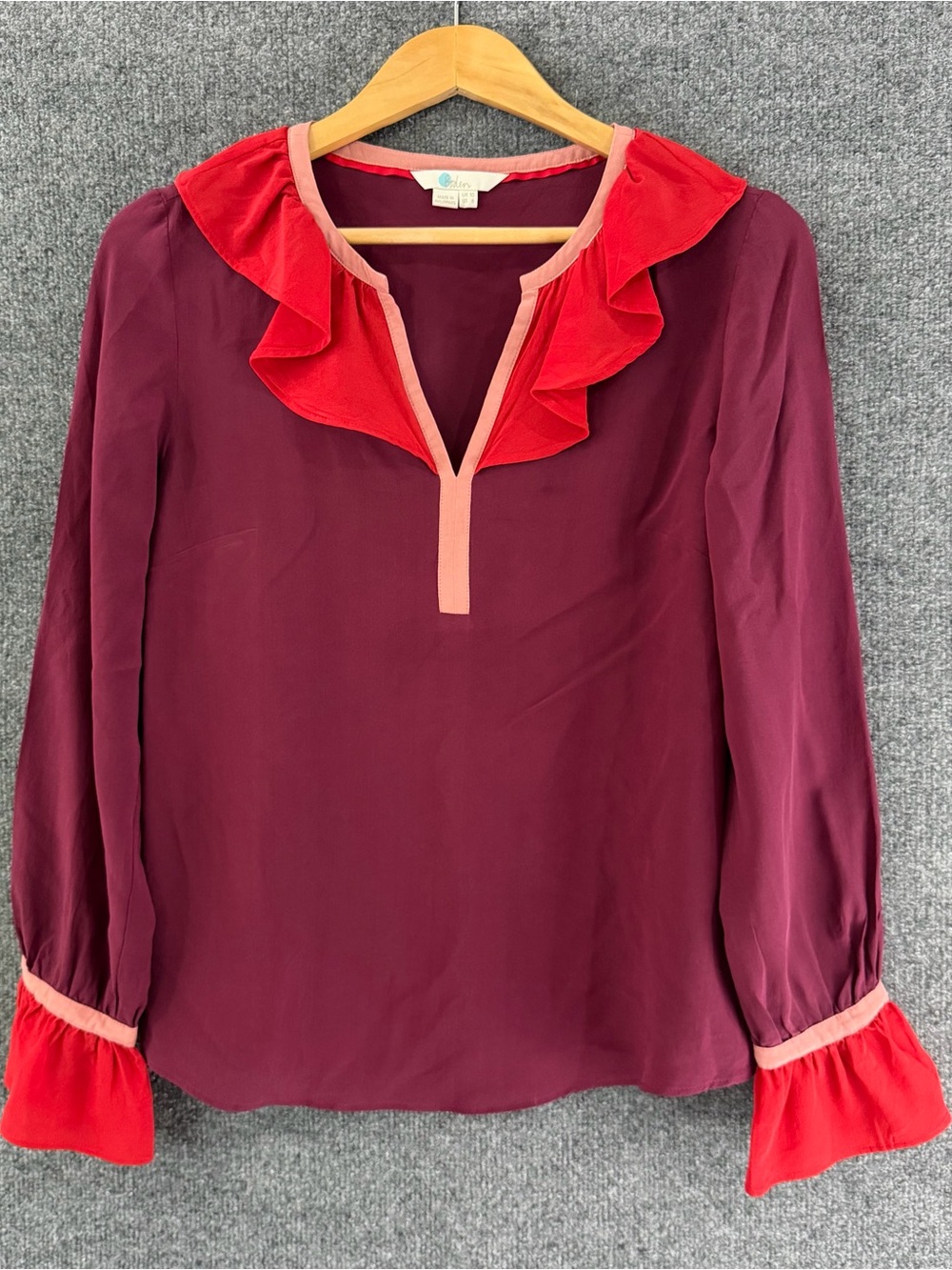Boden Womens Silk Ruffle Colorblock Top Size 6 Burgundy Red Pink Office Career